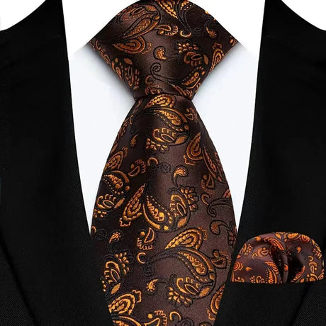 Brown Striped Paisley Jacquard Necktie Handkerchief Set