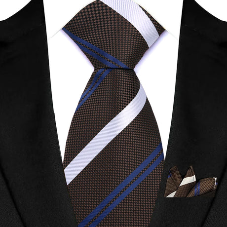 Brown Striped Paisley Jacquard Necktie Handkerchief Set