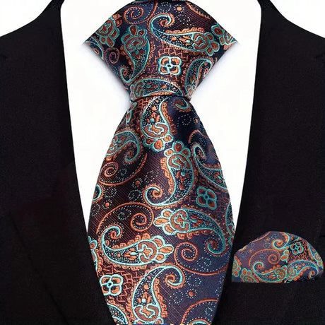 Brown Striped Paisley Jacquard Necktie Handkerchief Set