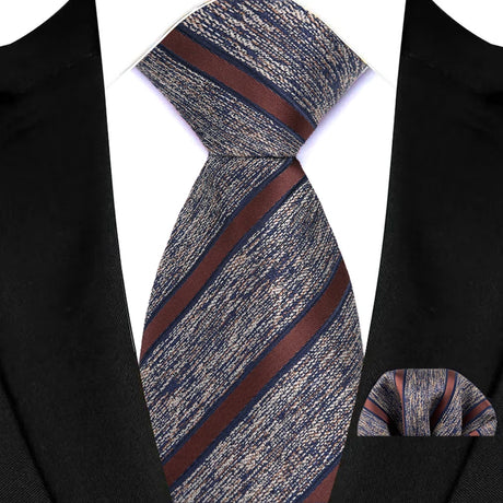 Brown Striped Paisley Jacquard Necktie Handkerchief Set