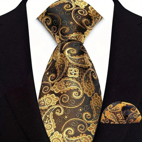 Brown Striped Paisley Jacquard Necktie Handkerchief Set