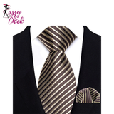 Brown Striped Paisley Jacquard Necktie Handkerchief Set Sassy Chick Logo