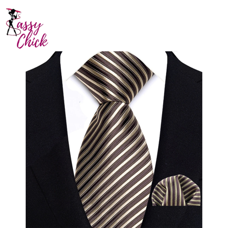 Brown Striped Paisley Jacquard Necktie Handkerchief Set Sassy Chick Logo