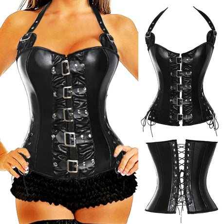 Buckles Steel Boned Steampunk Leather Corset. Model Front Back