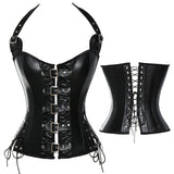 Buckles Steel Boned Steampunk Leather Corset Black Front Back