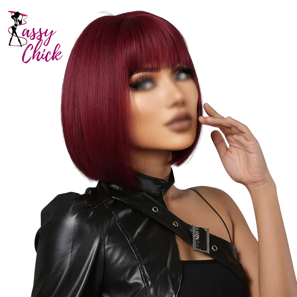 Burgundy Bob Bob Synthetic Wig with Bangs Sassy Chick Logo