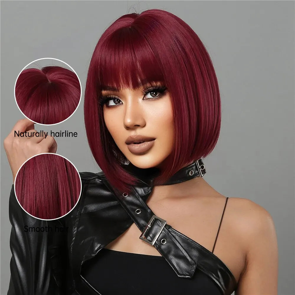 Burgundy Bob Bob Synthetic Wig with Bangs
