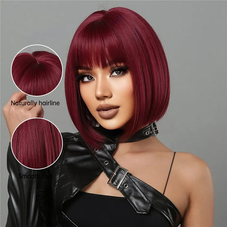 Burgundy Bob Bob Synthetic Wig with Bangs