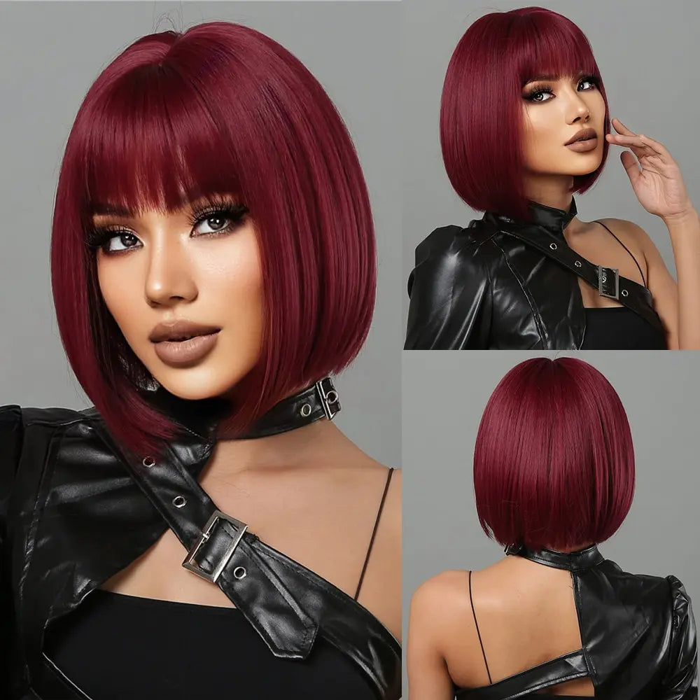 Burgundy Bob Bob Synthetic Wig with Bangs
