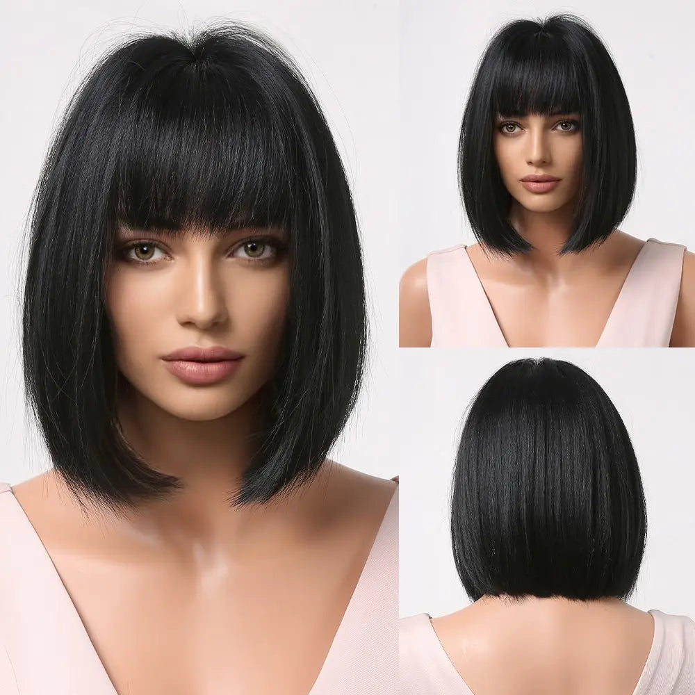Black Bob Bob Synthetic Wig with Bangs