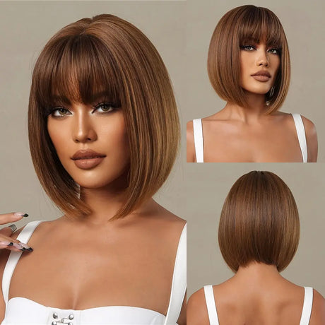 Brown Bob Bob Synthetic Wig with Bangs
