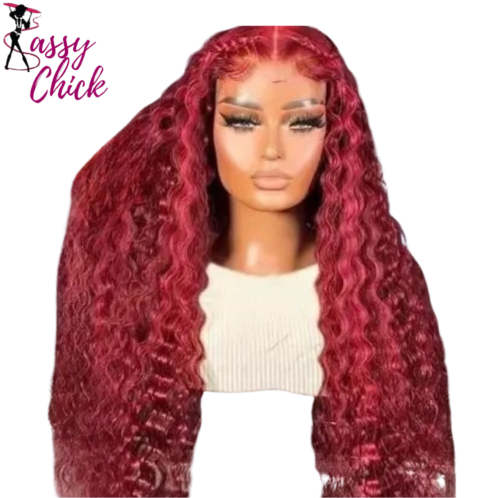 Burgundy Brazilian Deep Wave Human Hair Curly Wigs Sassy Chick Logo