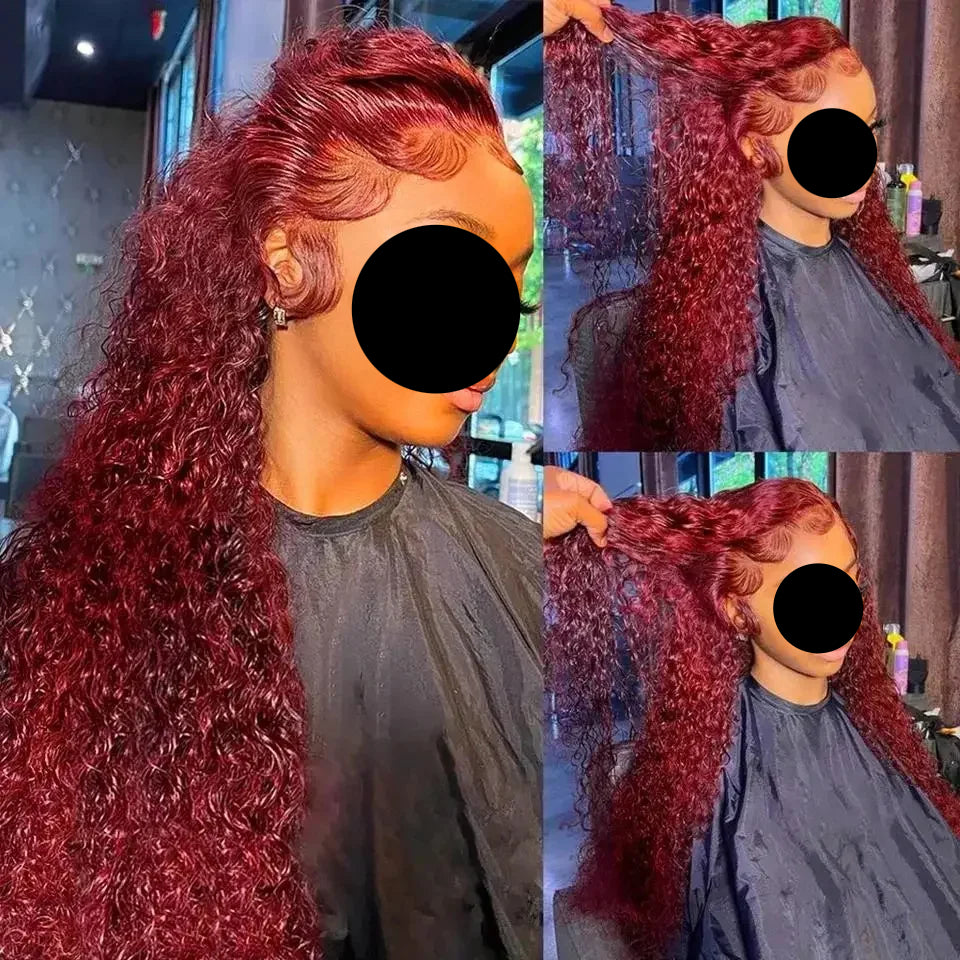 Burgundy Brazilian Deep Wave Human Hair Curly Wigs Red