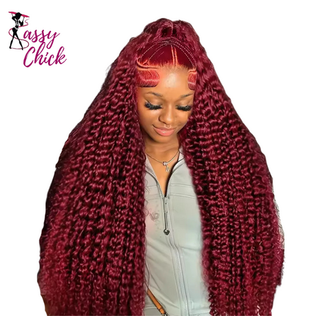 Burgundy Deep Wave Lace Curly Human Hair Wigs Sassy Chick Logo