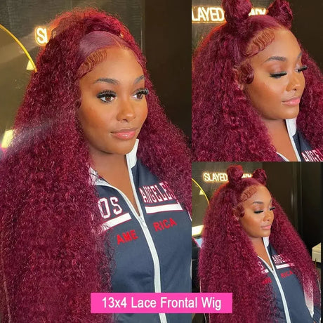 13x44 Burgundy Deep Wave Lace Curly Human Hair Wigs
