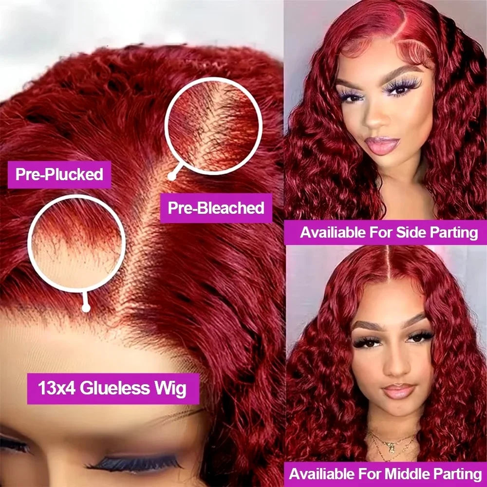 Burgundy Deep Wave Lace Front Human Hair Wig cap