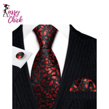 Burgundy Maroon Rose Jacquard Hanky Cufflinks Necktie Sassy Chick Logo