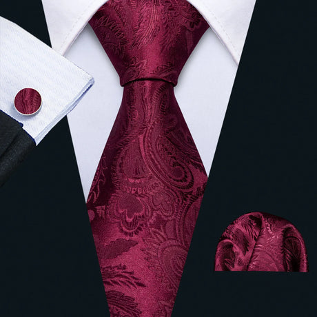 Burgundy Maroon Rose Jacquard Hanky Cufflinks Necktie