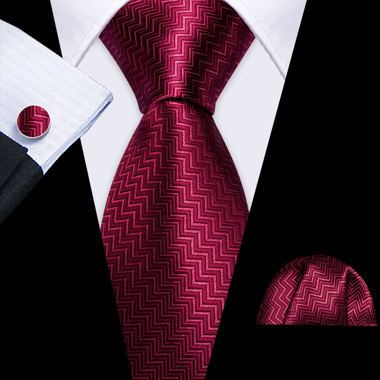 Burgundy Maroon Rose Jacquard Hanky Cufflinks Necktie