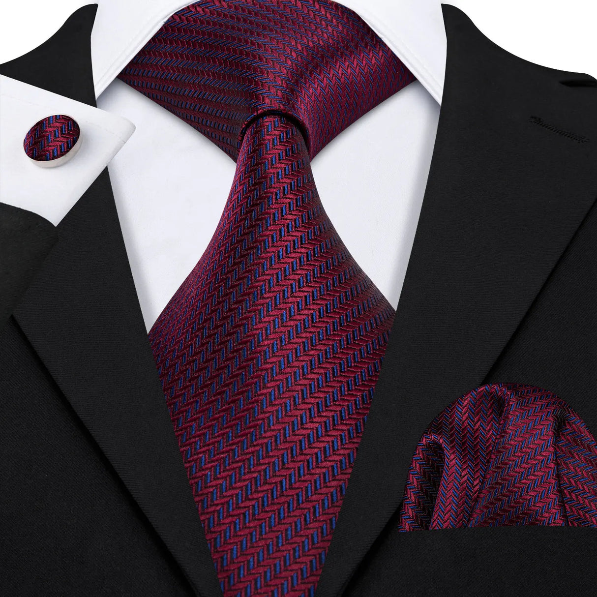 Burgundy Maroon Rose Jacquard Hanky Cufflinks Necktie