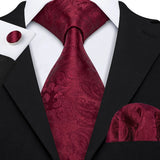 Burgundy Maroon Rose Jacquard Hanky Cufflinks Necktie