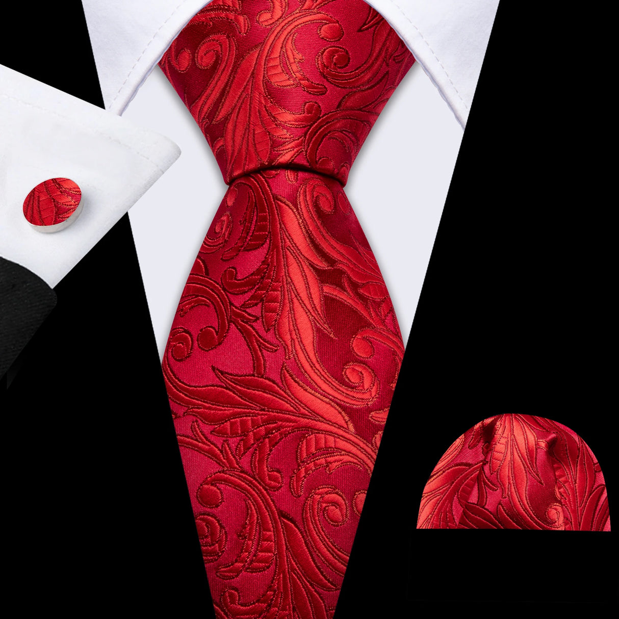 Burgundy Maroon Rose Jacquard Hanky Cufflinks Necktie