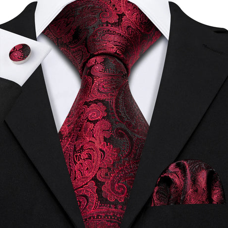 Burgundy Maroon Rose Jacquard Hanky Cufflinks Necktie