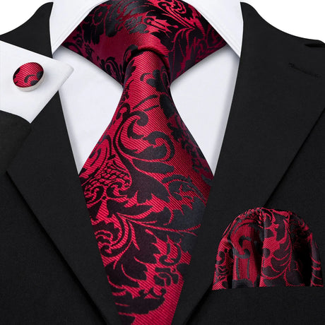 Burgundy Maroon Rose Jacquard Hanky Cufflinks Necktie