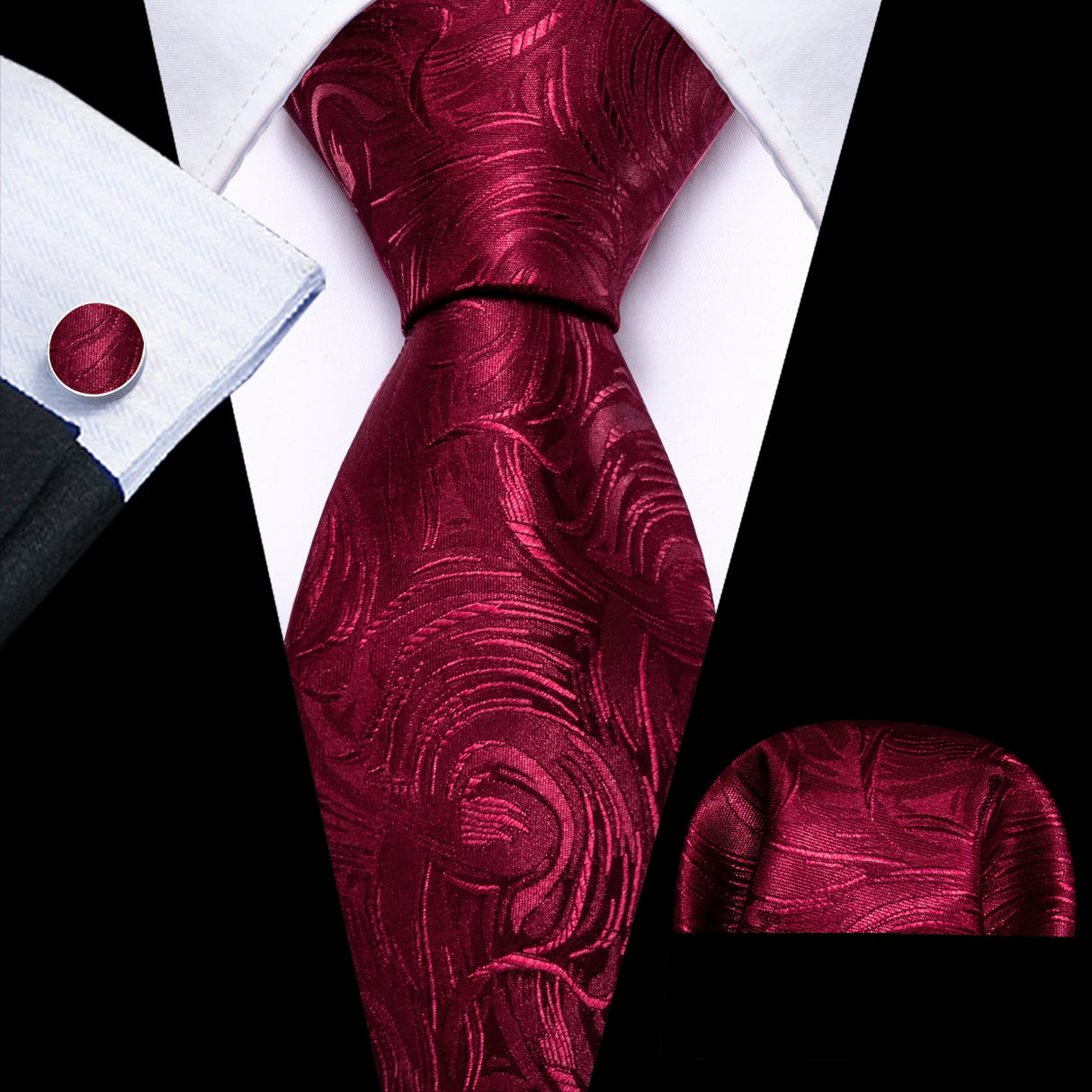 Burgundy Maroon Rose Jacquard Hanky Cufflinks Necktie