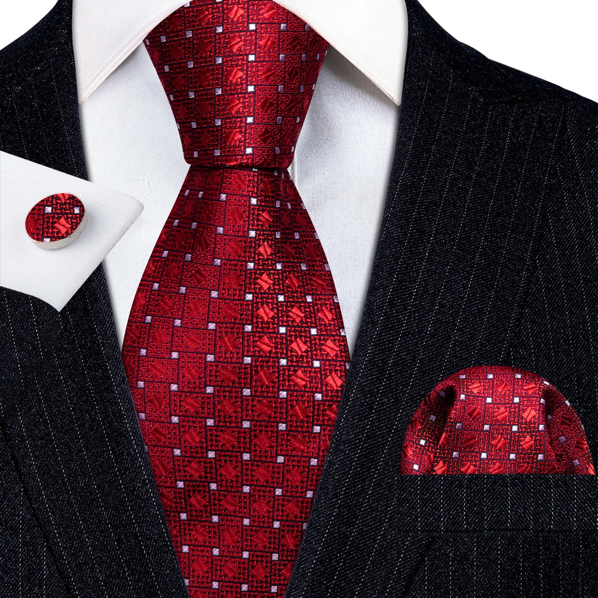 Burgundy Maroon Rose Jacquard Hanky Cufflinks Necktie