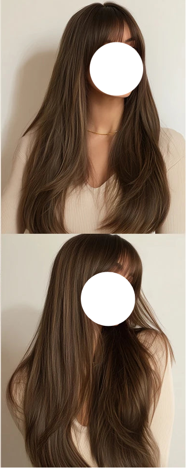 Model using Burgundy Ombre Brown Long Straight With Bangs Synthetic Wigs