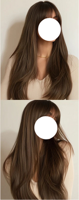 Model using Burgundy Ombre Brown Long Straight With Bangs Synthetic Wigs