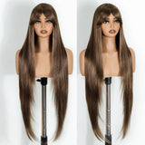 Light Brown Burgundy Ombre Brown Long Straight With Bangs Synthetic Wigs