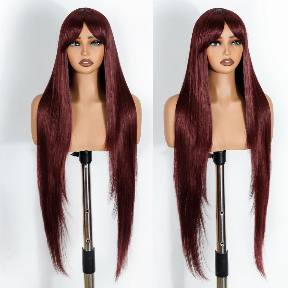 Red Burgundy Ombre Brown Long Straight With Bangs Synthetic Wigs