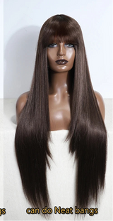 Light Black Burgundy Ombre Brown Long Straight With Bangs Synthetic Wigs