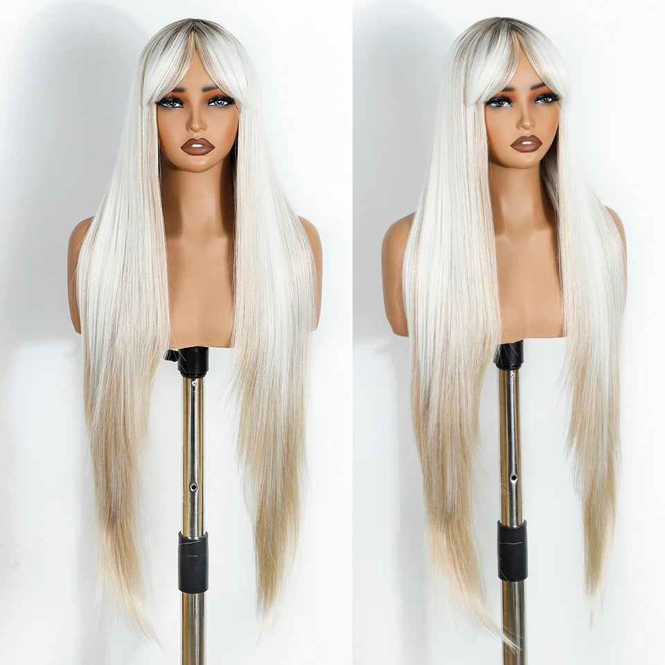 White Burgundy Ombre Brown Long Straight With Bangs Synthetic Wigs