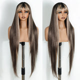 Ash Gray Burgundy Ombre Brown Long Straight With Bangs Synthetic Wigs