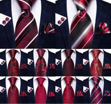 Collection of Burgundy Striped Floral Silk Necktie Hanky Cufflinks