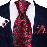 Burgundy Striped Floral Silk Necktie Hanky Cufflinks