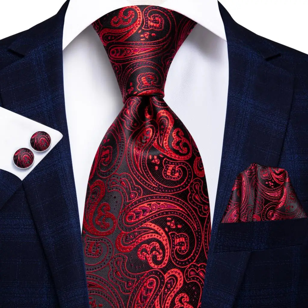 Burgundy Striped Floral Silk Necktie Hanky Cufflinks