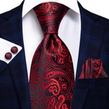 Burgundy Striped Floral Silk Necktie Hanky Cufflinks
