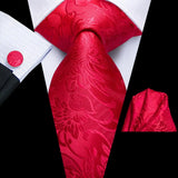 Burgundy Striped Floral Silk Necktie Hanky Cufflinks