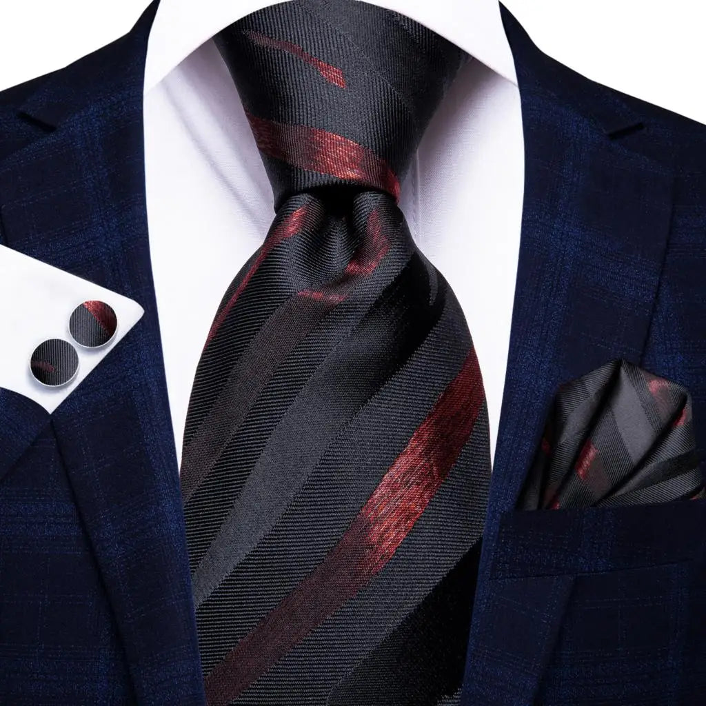 Burgundy Striped Floral Silk Necktie Hanky Cufflinks