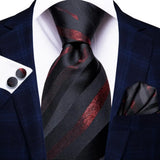 Burgundy Striped Floral Silk Necktie Hanky Cufflinks
