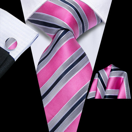 Burgundy Striped Floral Silk Necktie Hanky Cufflinks