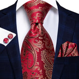 Burgundy Striped Floral Silk Necktie Hanky Cufflinks