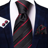 Burgundy Striped Floral Silk Necktie Hanky Cufflinks