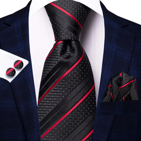 Burgundy Striped Floral Silk Necktie Hanky Cufflinks