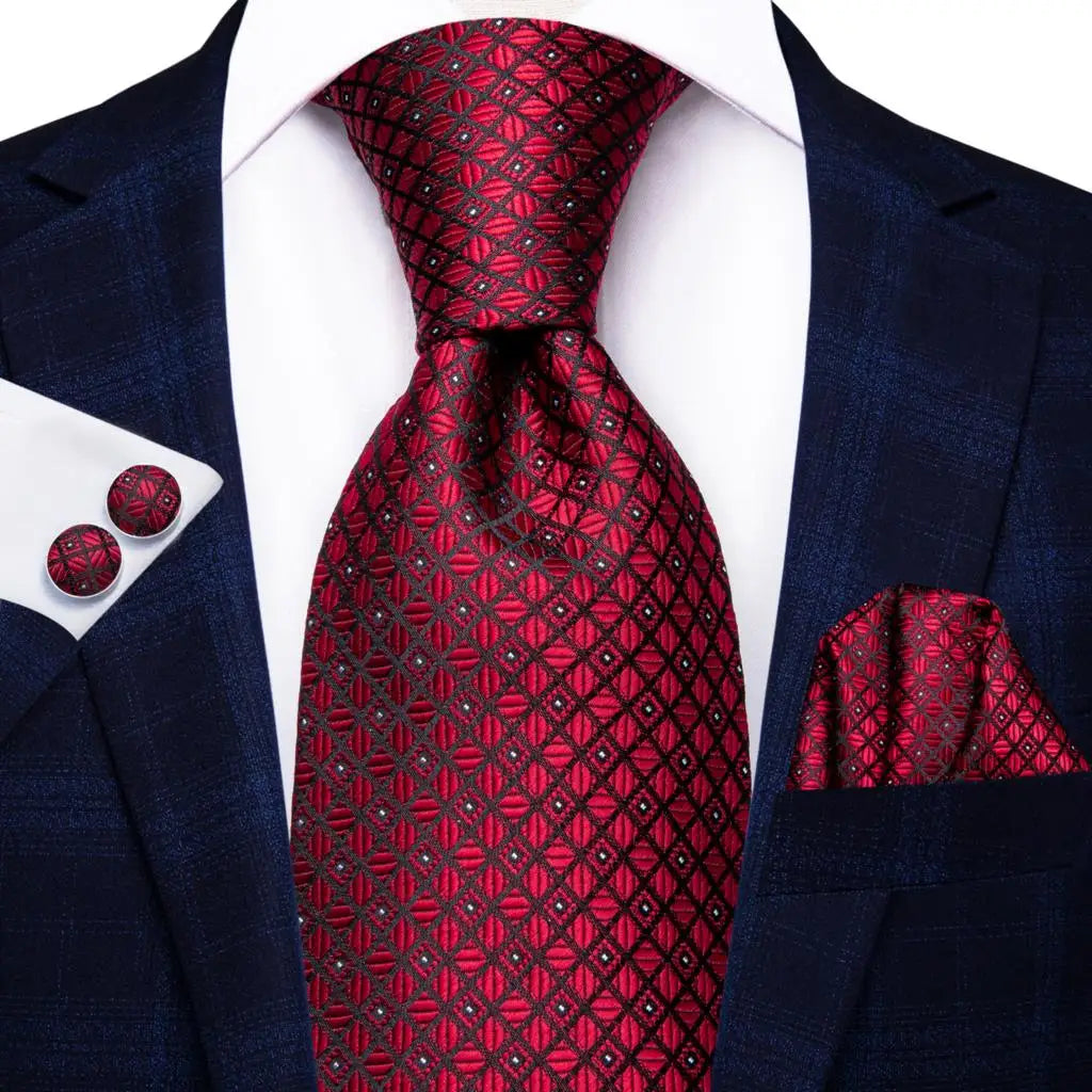 Burgundy Striped Floral Silk Necktie Hanky Cufflinks