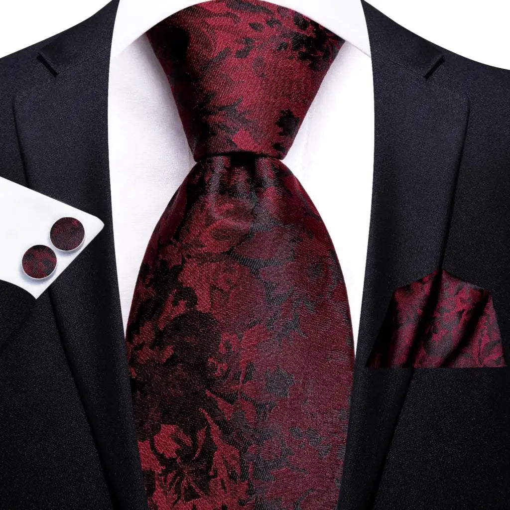 Burgundy Striped Floral Silk Necktie Hanky Cufflinks